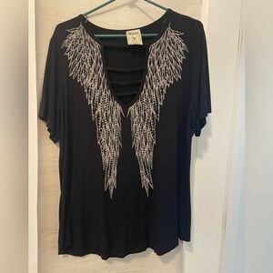 VOCAL Black Graphic Cut Out Short Sleeve Tee